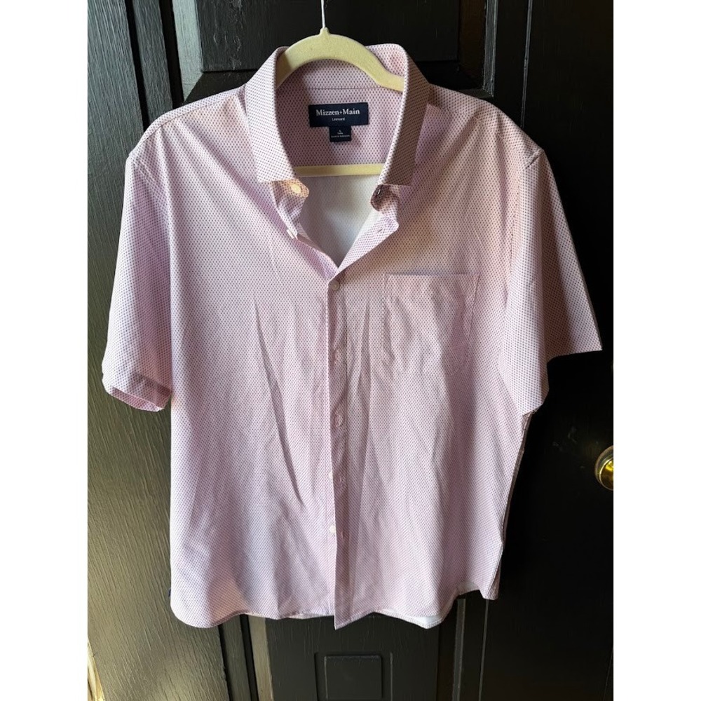 Mizzen+Main Leeward Short Sleeve Dress Shirt Pink Navy Micro Print Trim Fit L